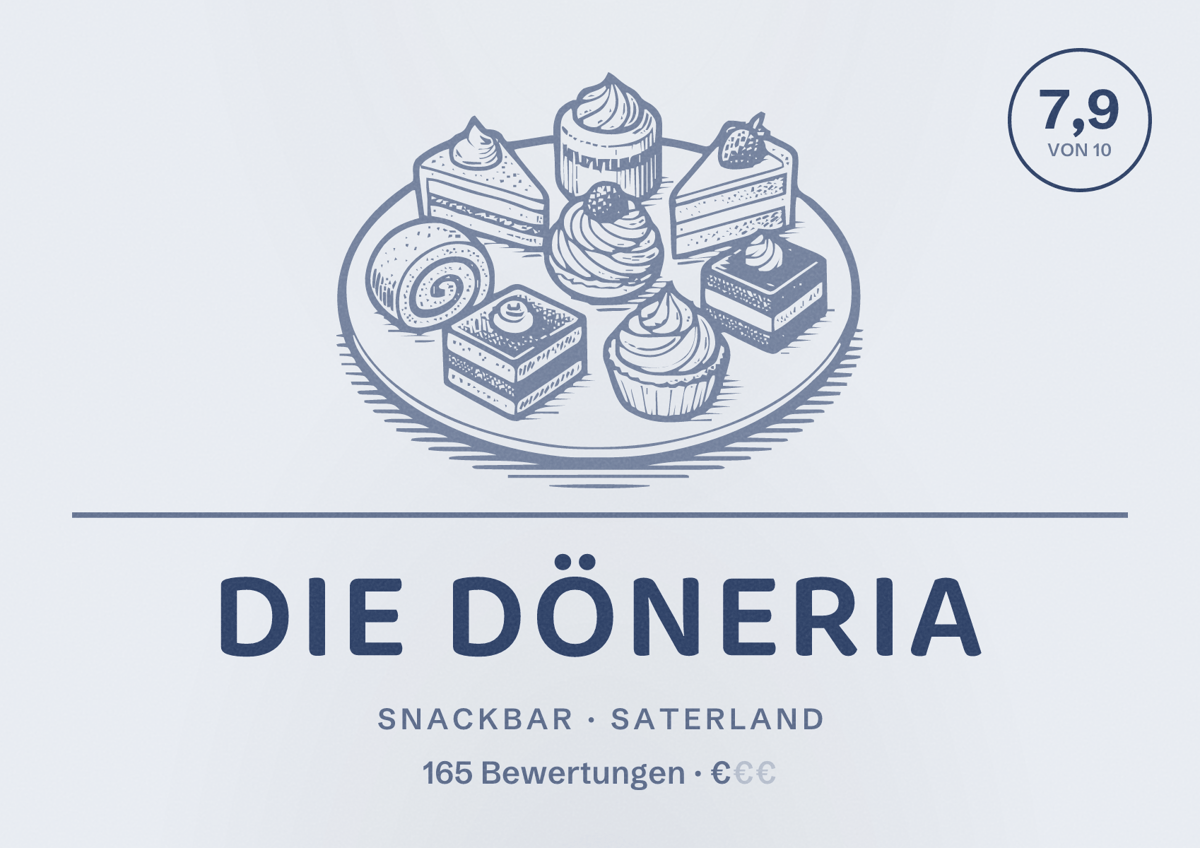 Illustriertes Poster von Die Döneria, Snackbar in Saterland: Bewertung 7,9 von 10 aus 165 Bewertungen, Preisniveau €