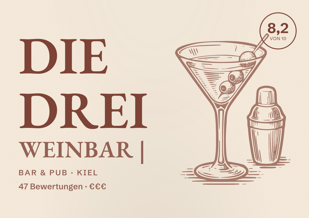 Illustriertes Poster von DIE DREI Weinbar |, Bar & Pub in Kiel: Bewertung 8,2 von 10 aus 47 Bewertungen, Preisniveau €€€