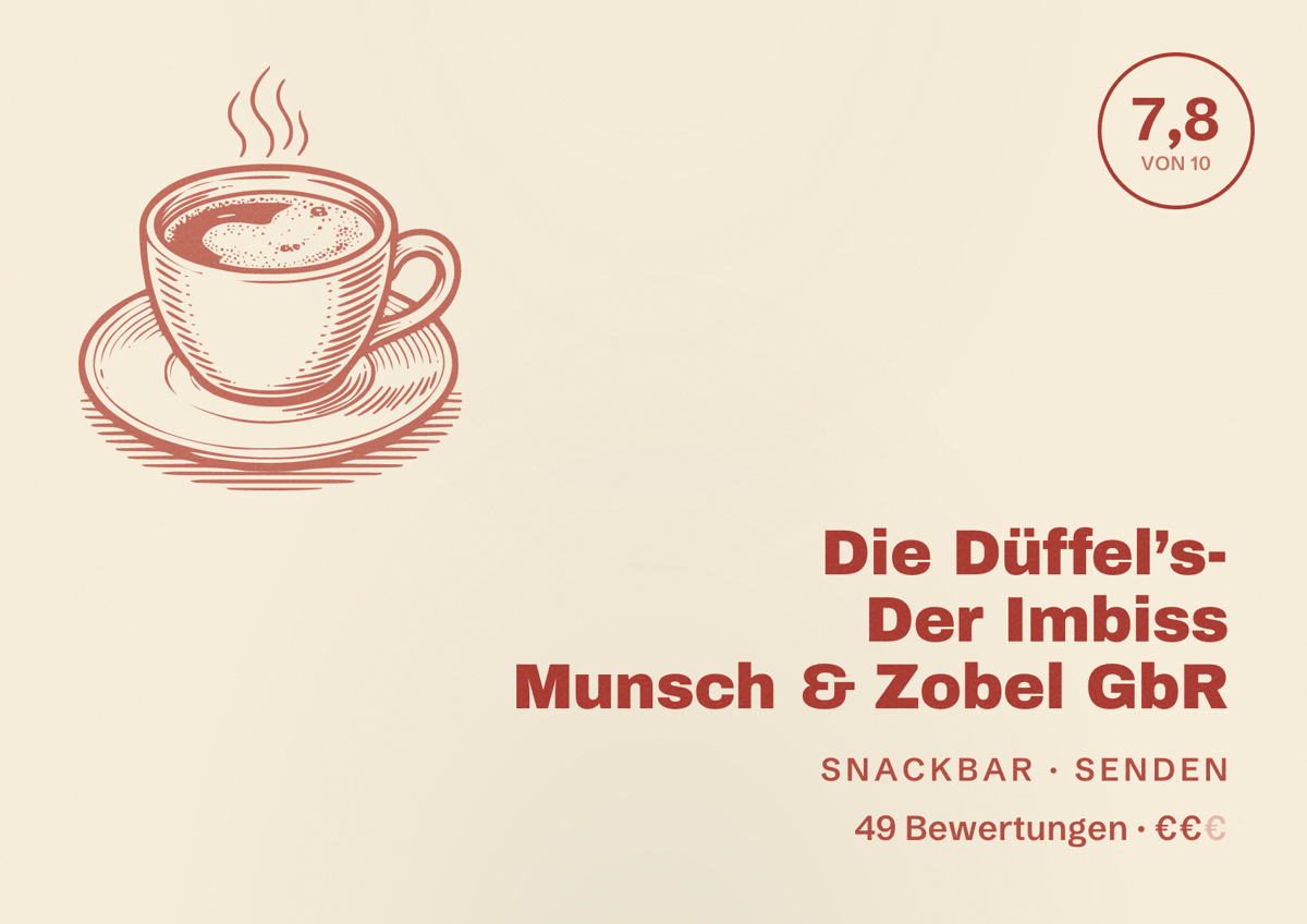 Illustriertes Poster von Die Düffel’s- Der Imbiss Munsch & Zobel GbR, Snackbar in Senden: Bewertung 7,8 von 10 aus 49 Bewertungen, Preisniveau €€