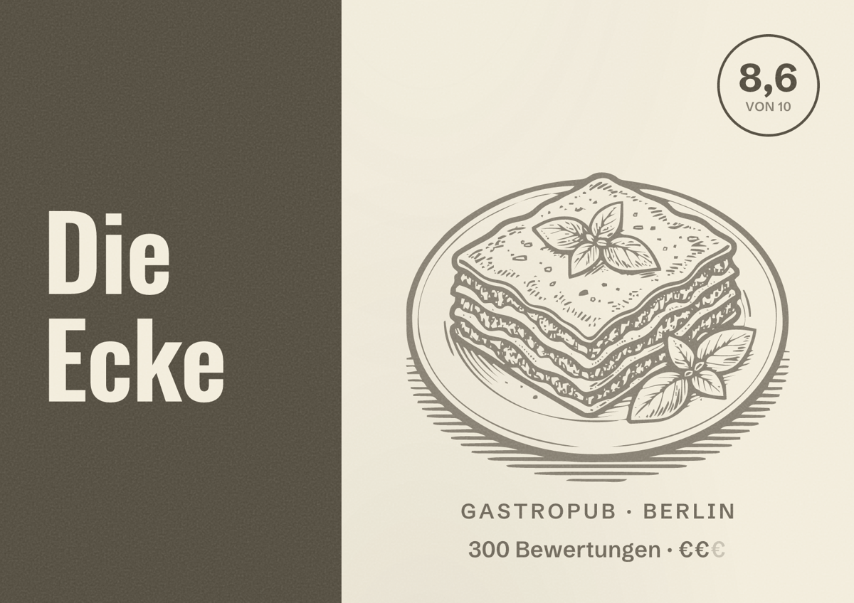Illustriertes Poster von Die Ecke, Gastropub in Berlin: Bewertung 8,6 von 10 aus 300 Bewertungen, Preisniveau €€