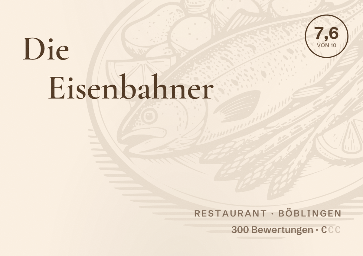 Illustriertes Poster von Die Eisenbahner, Restaurant in Böblingen: Bewertung 7,6 von 10 aus 300 Bewertungen, Preisniveau €