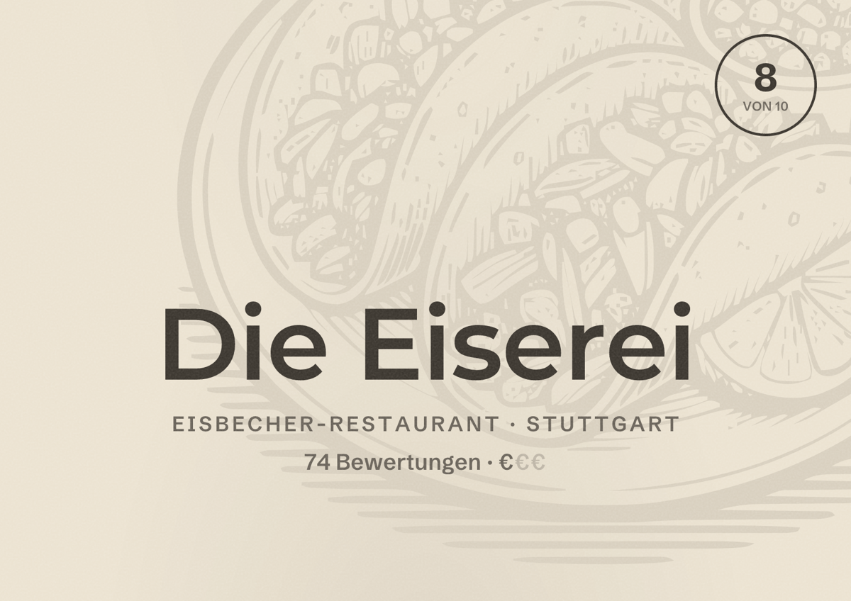 Illustriertes Poster von Die Eiserei, Eisbecher-Restaurant in Stuttgart: Bewertung 8 von 10 aus 74 Bewertungen, Preisniveau €