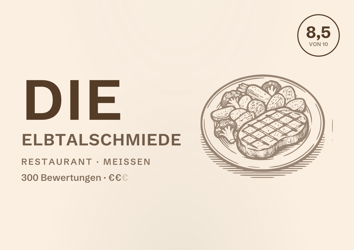 Illustriertes Poster von Die Elbtalschmiede, Restaurant in Meißen: Bewertung 8,5 von 10 aus 300 Bewertungen, Preisniveau €€