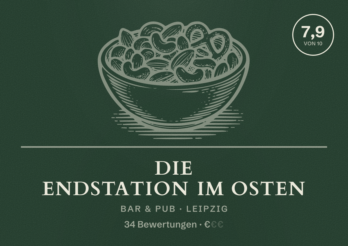 Illustriertes Poster von Die Endstation im Osten, Bar & Pub in Leipzig: Bewertung 7,9 von 10 aus 34 Bewertungen, Preisniveau €