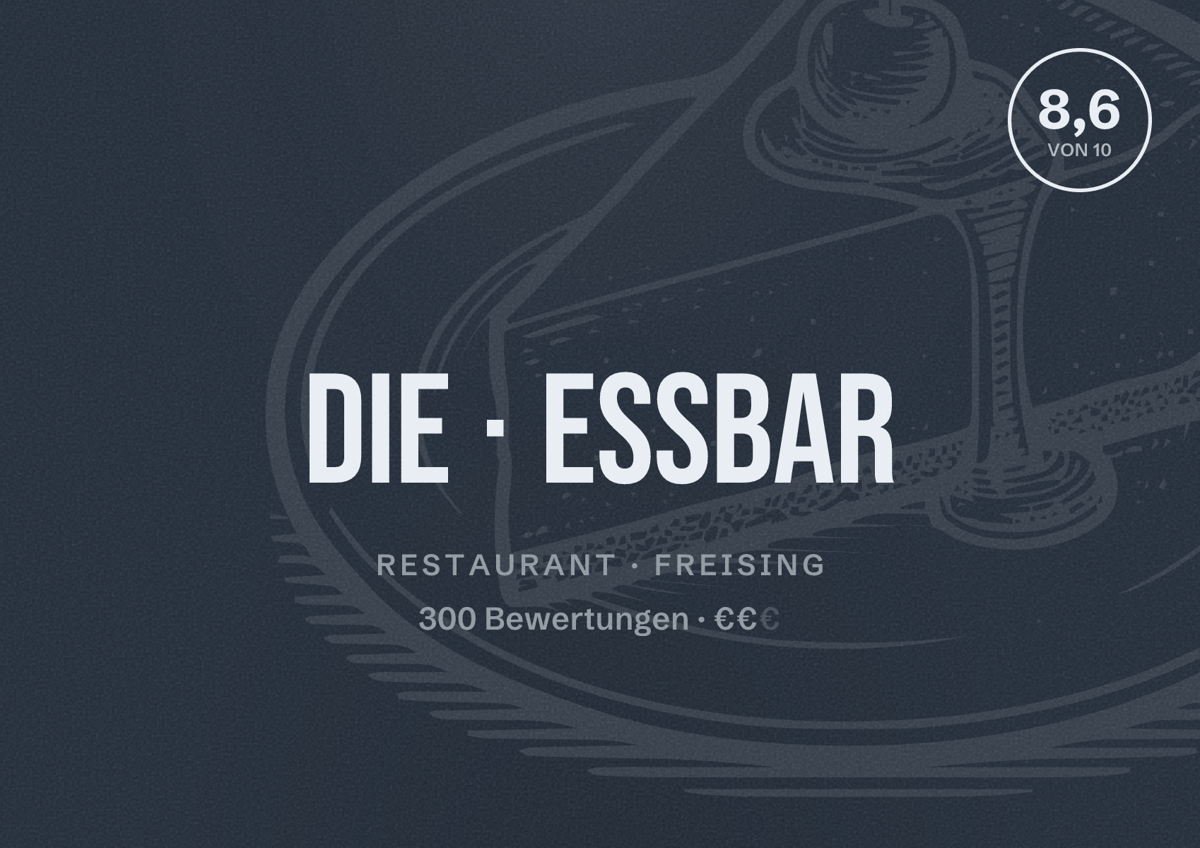 Illustriertes Poster von Die Essbar, Restaurant in Freising: Bewertung 8,6 von 10 aus 300 Bewertungen, Preisniveau €€