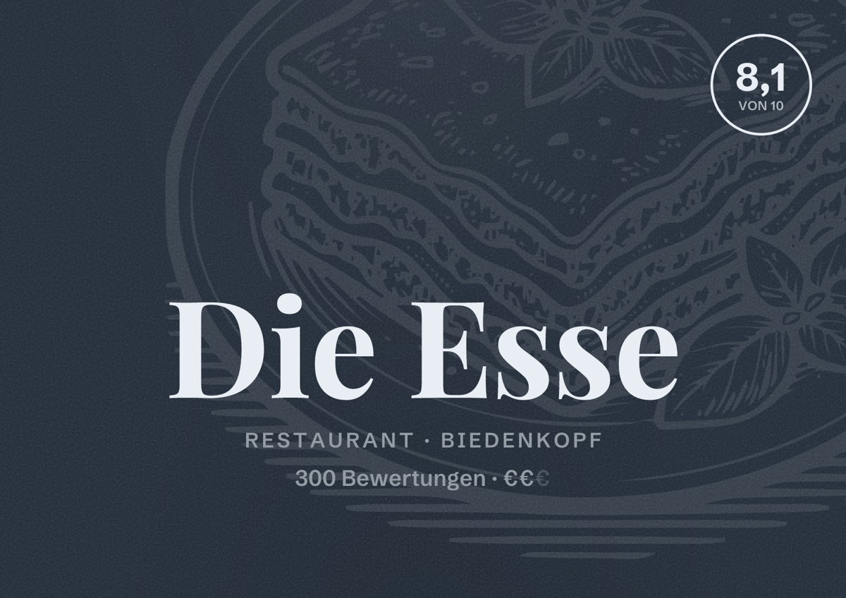 Illustriertes Poster von Die Esse, Restaurant in Biedenkopf: Bewertung 8,1 von 10 aus 300 Bewertungen, Preisniveau €€