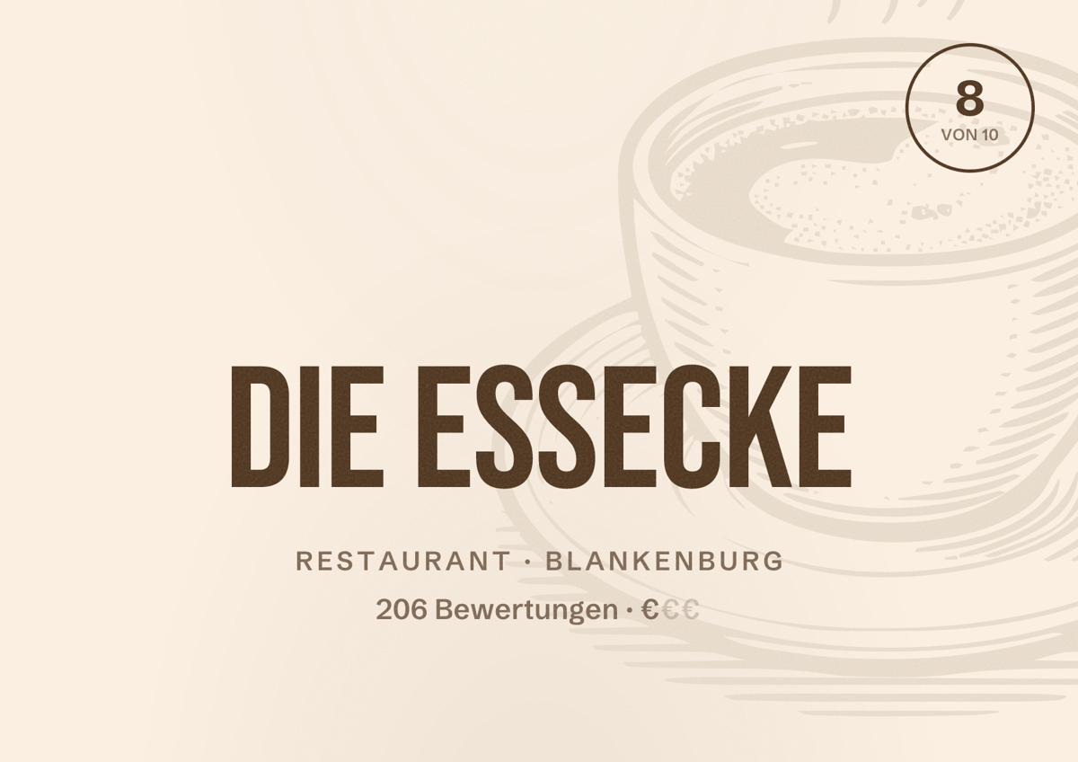 Illustriertes Poster von Die Essecke, Restaurant in Blankenburg: Bewertung 8 von 10 aus 206 Bewertungen, Preisniveau €