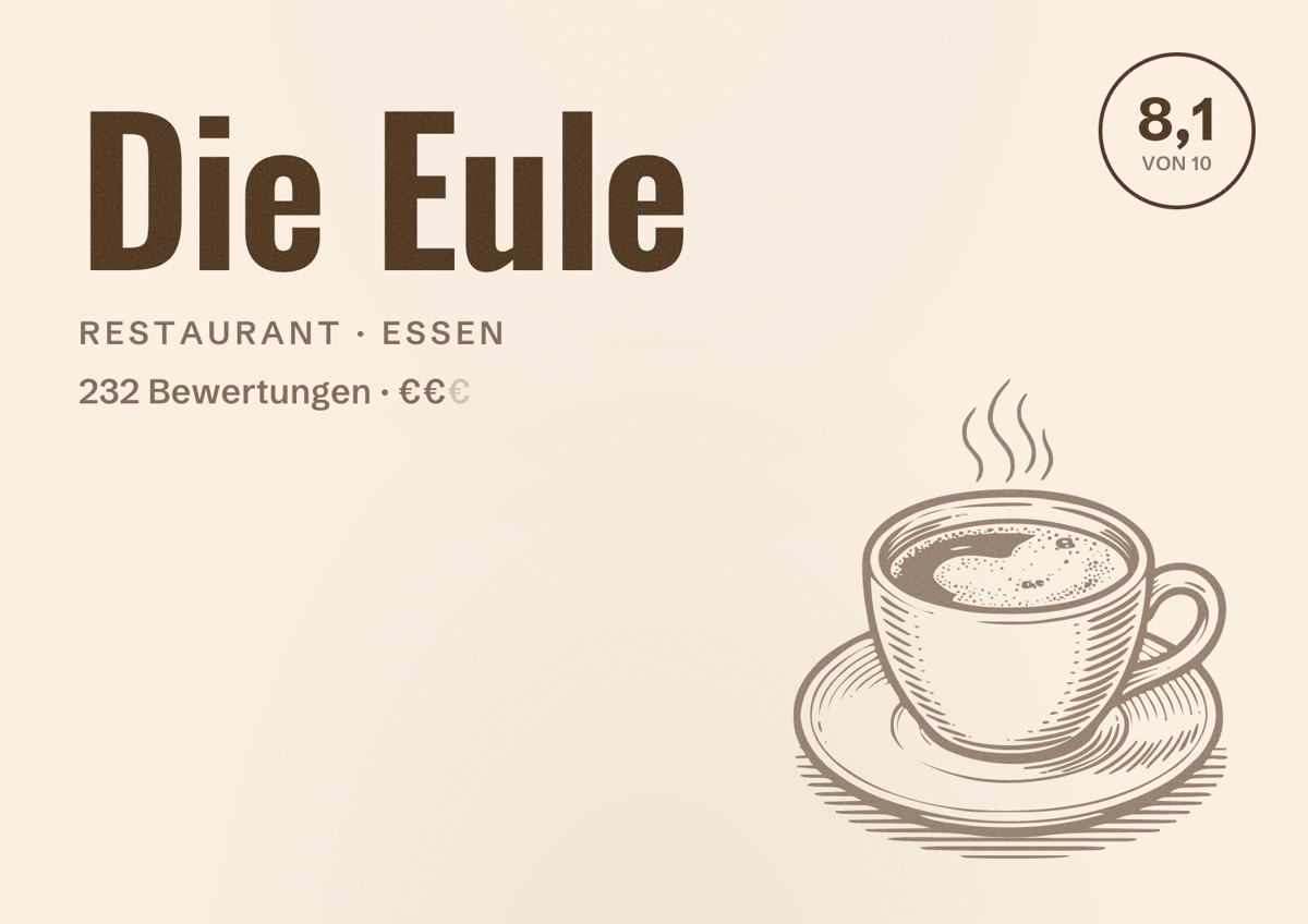 Illustriertes Poster von Die Eule, Restaurant in Essen: Bewertung 8,1 von 10 aus 232 Bewertungen, Preisniveau €€