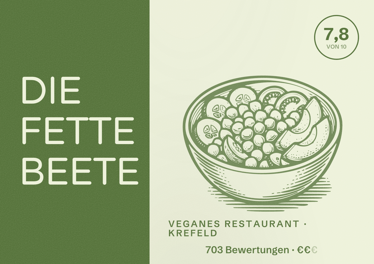 Illustriertes Poster von DIE FETTE BEETE, Veganes Restaurant in Krefeld: Gästebewertung 7,8 von 10 aus 703 Bewertungen