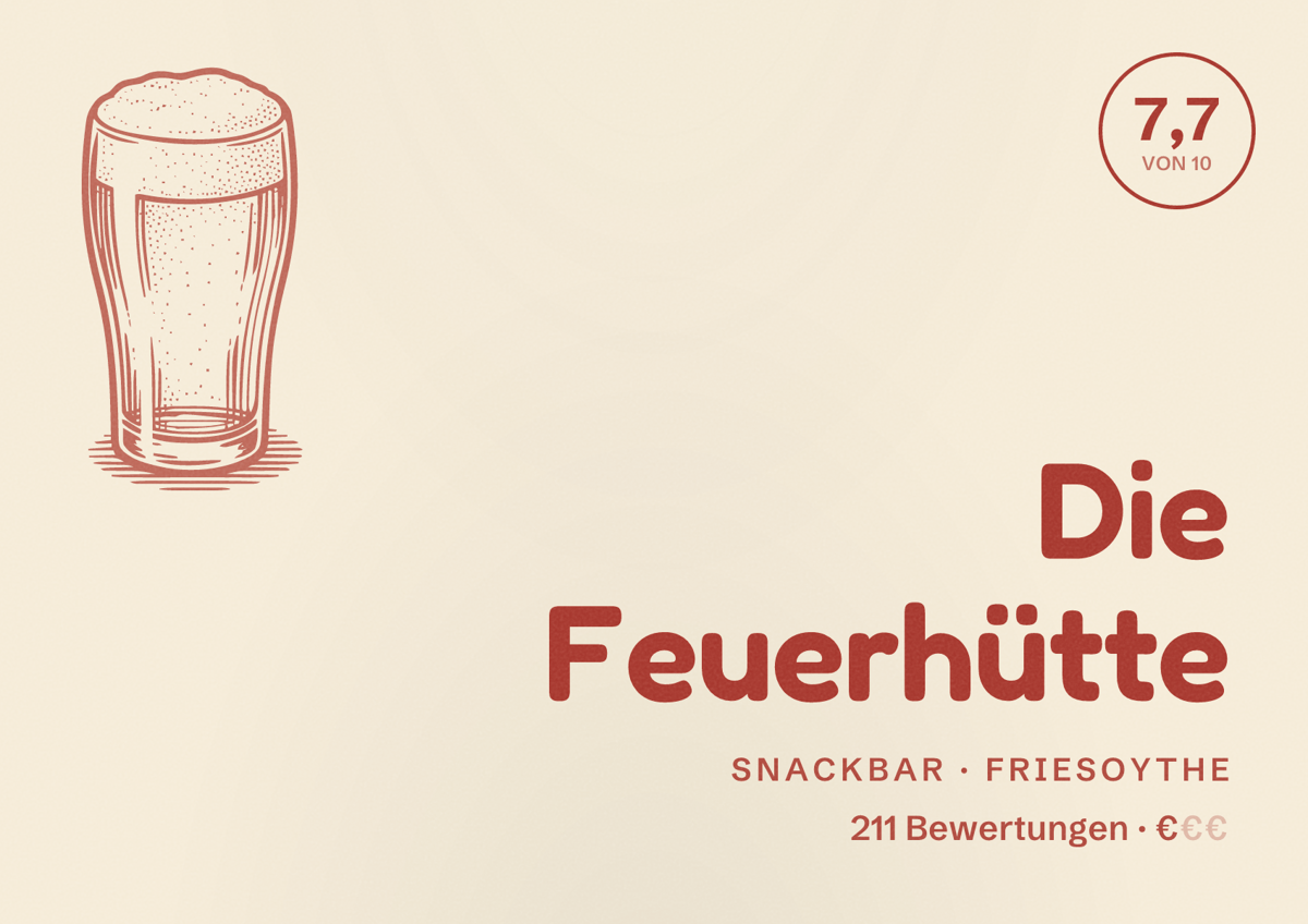 Illustriertes Poster von Die Feuerhütte, Snackbar in Friesoythe: Bewertung 7,7 von 10 aus 211 Bewertungen, Preisniveau €