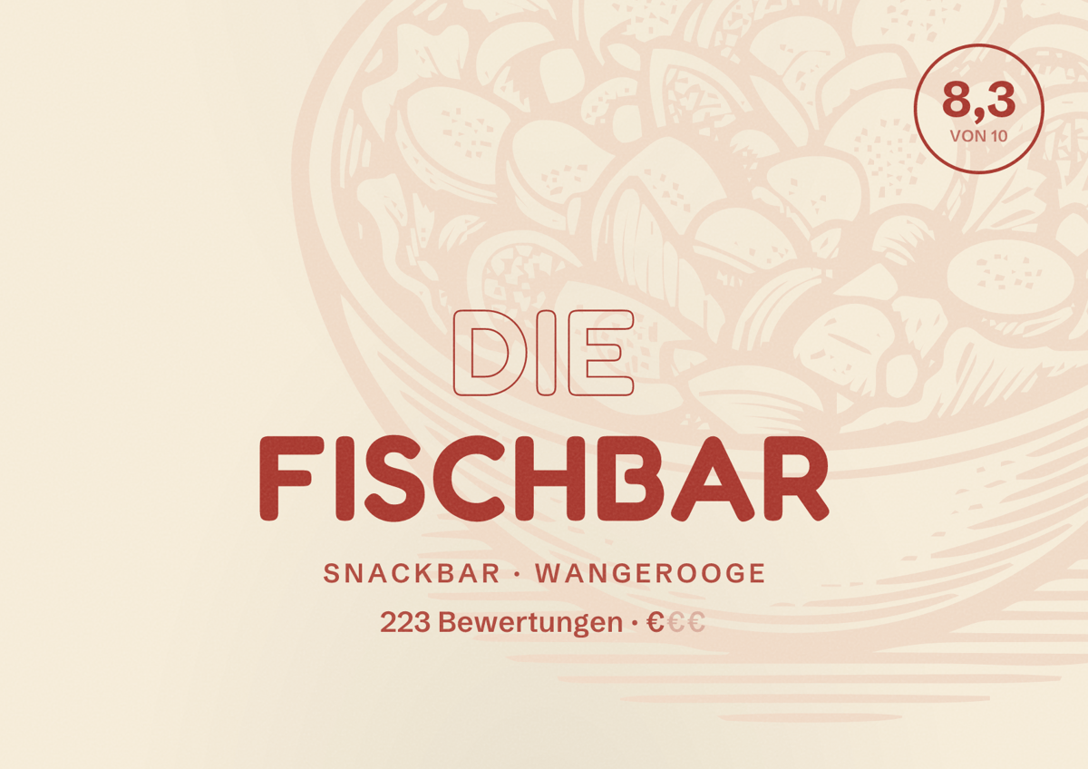 Illustriertes Poster von Die Fischbar, Snackbar in Wangerooge: Bewertung 8,3 von 10 aus 223 Bewertungen, Preisniveau €
