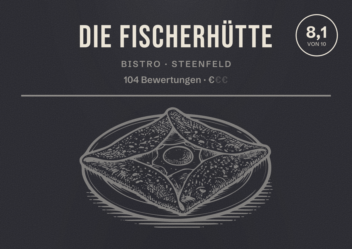 Illustriertes Poster von Die Fischerhütte, Bistro in Steenfeld: Bewertung 8,1 von 10 aus 104 Bewertungen, Preisniveau €