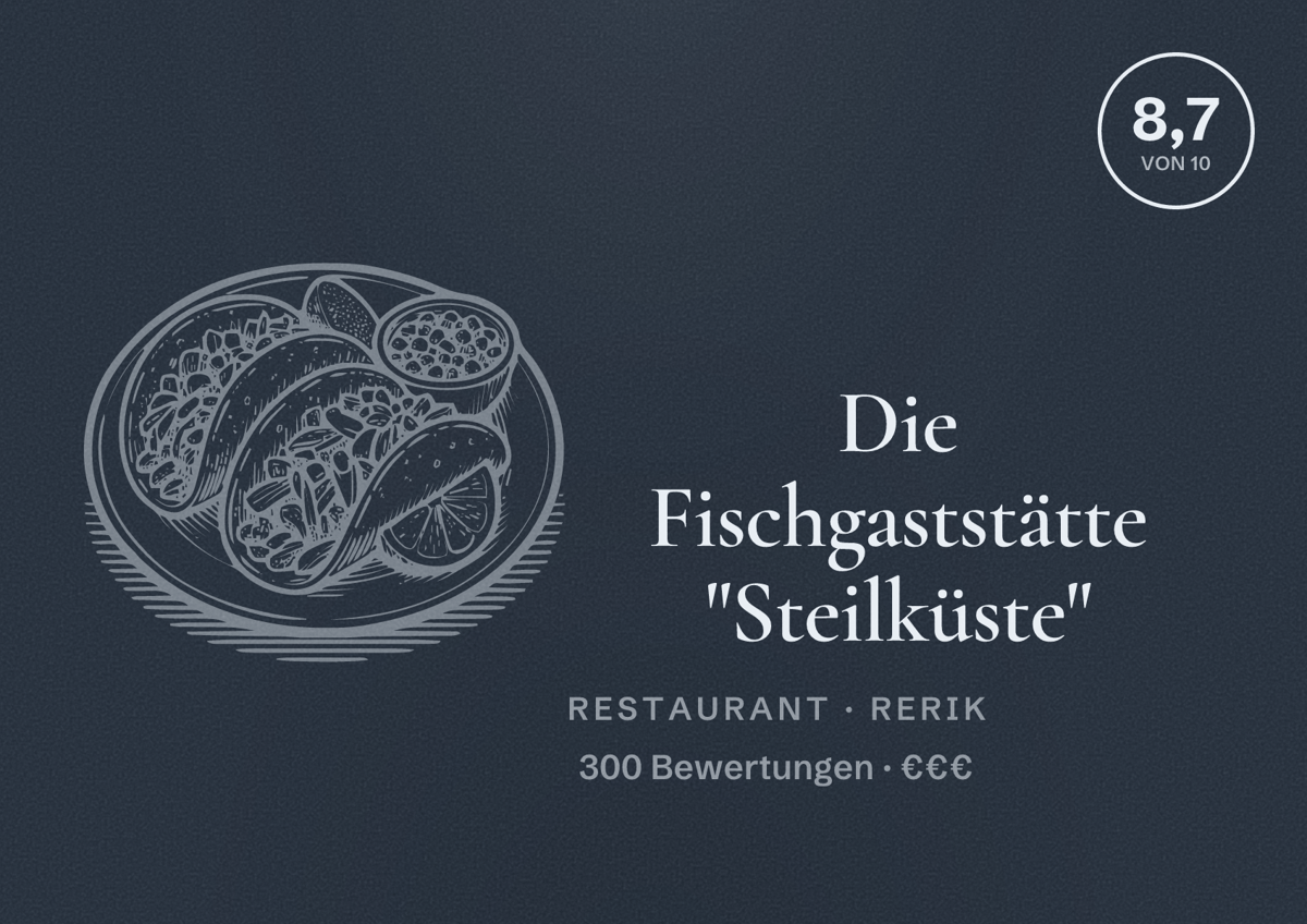 Illustriertes Poster von Die Fischgaststätte "Steilküste", Restaurant in Rerik: Bewertung 8,7 von 10 aus 300 Bewertungen, Preisniveau €€€