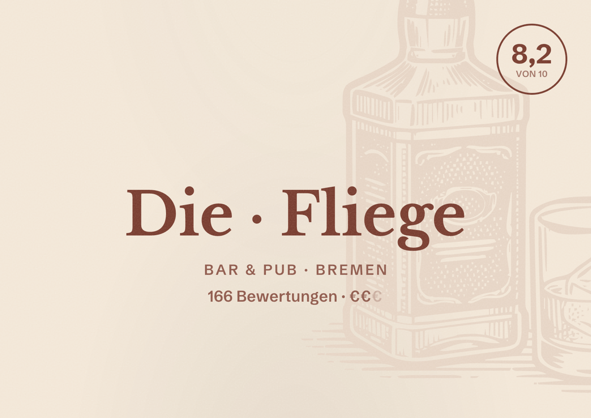 Illustriertes Poster von Die Fliege, Bar & Pub in Bremen: Bewertung 8,2 von 10 aus 166 Bewertungen, Preisniveau €€
