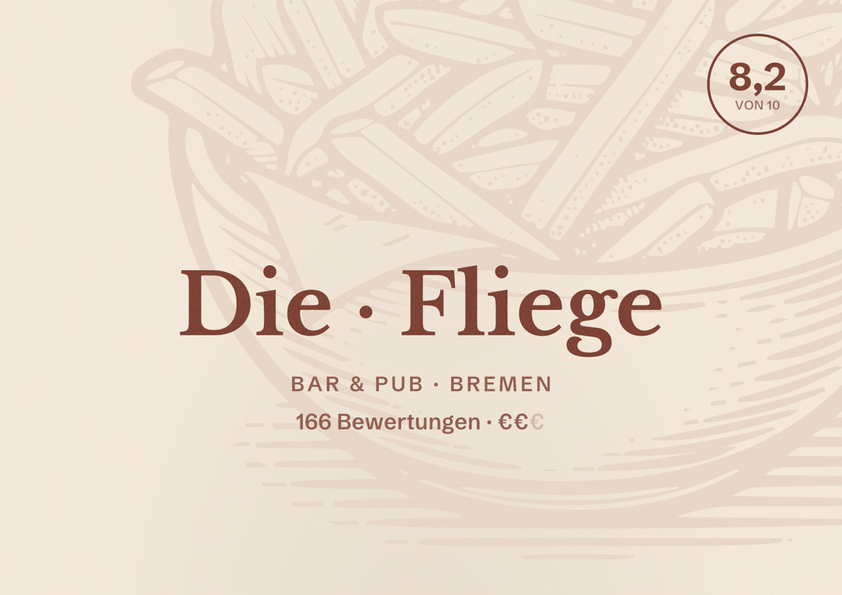 Illustriertes Poster von Die Fliege, Bar & Pub in Bremen: Bewertung 8,2 von 10 aus 166 Bewertungen, Preisniveau €€