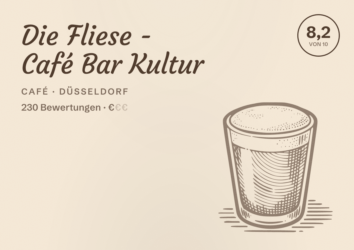 Illustriertes Poster von Die Fliese - Café Bar Kultur, Café in Düsseldorf: Bewertung 8,2 von 10 aus 230 Bewertungen, Preisniveau €