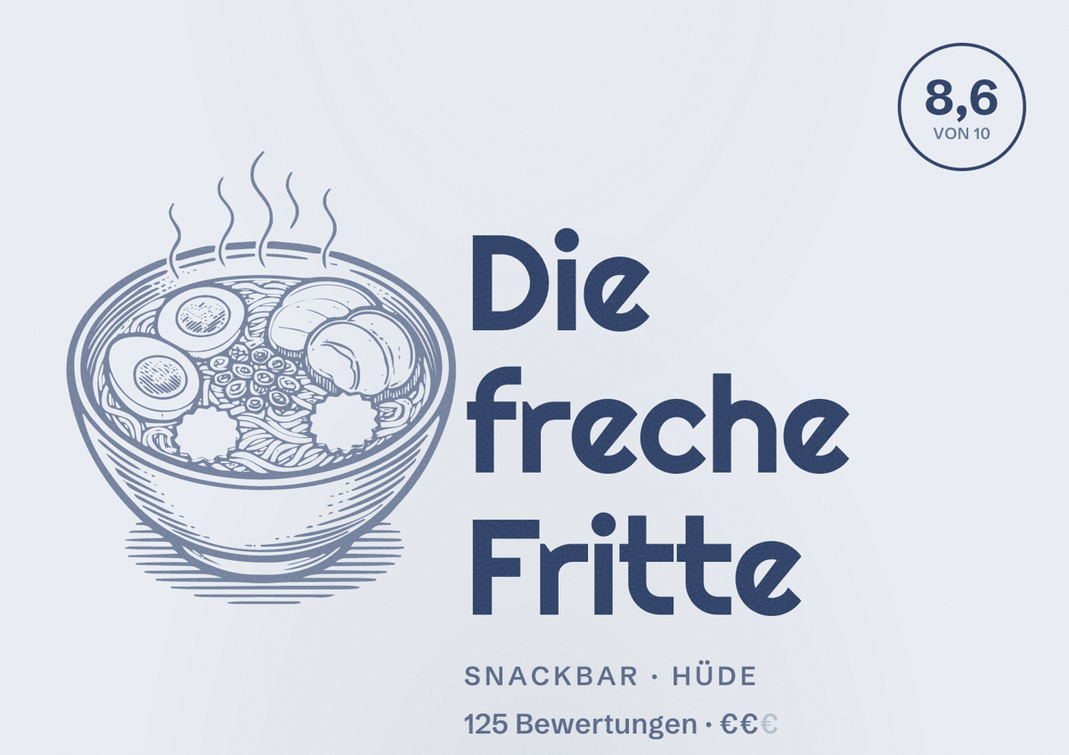 Illustriertes Poster von Die freche Fritte, Snackbar in Hüde: Bewertung 8,6 von 10 aus 125 Bewertungen, Preisniveau €€