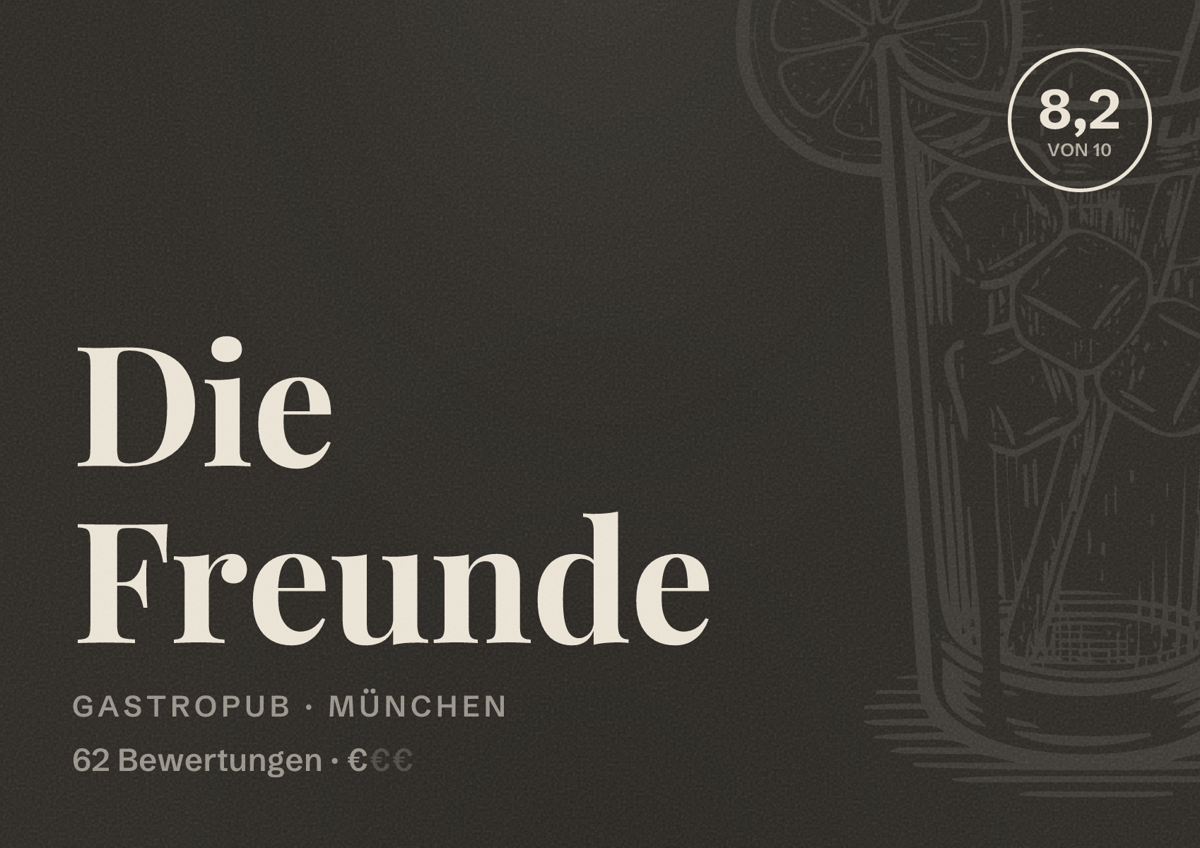 Illustriertes Poster von Die Freunde, Gastropub in München: Bewertung 8,2 von 10 aus 62 Bewertungen, Preisniveau €
