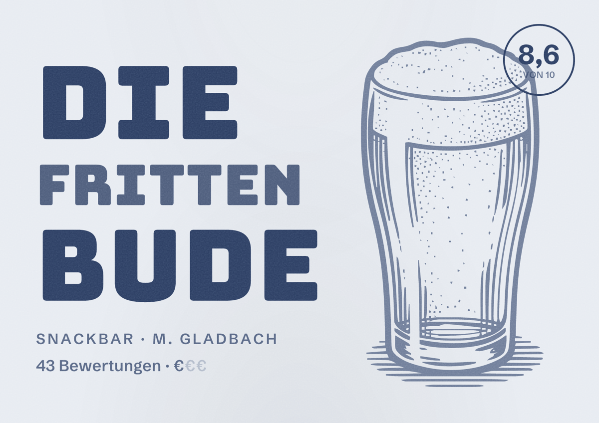 Illustriertes Poster von Die Fritten BUDE, Snackbar in M. Gladbach: Bewertung 8,6 von 10 aus 43 Bewertungen, Preisniveau €