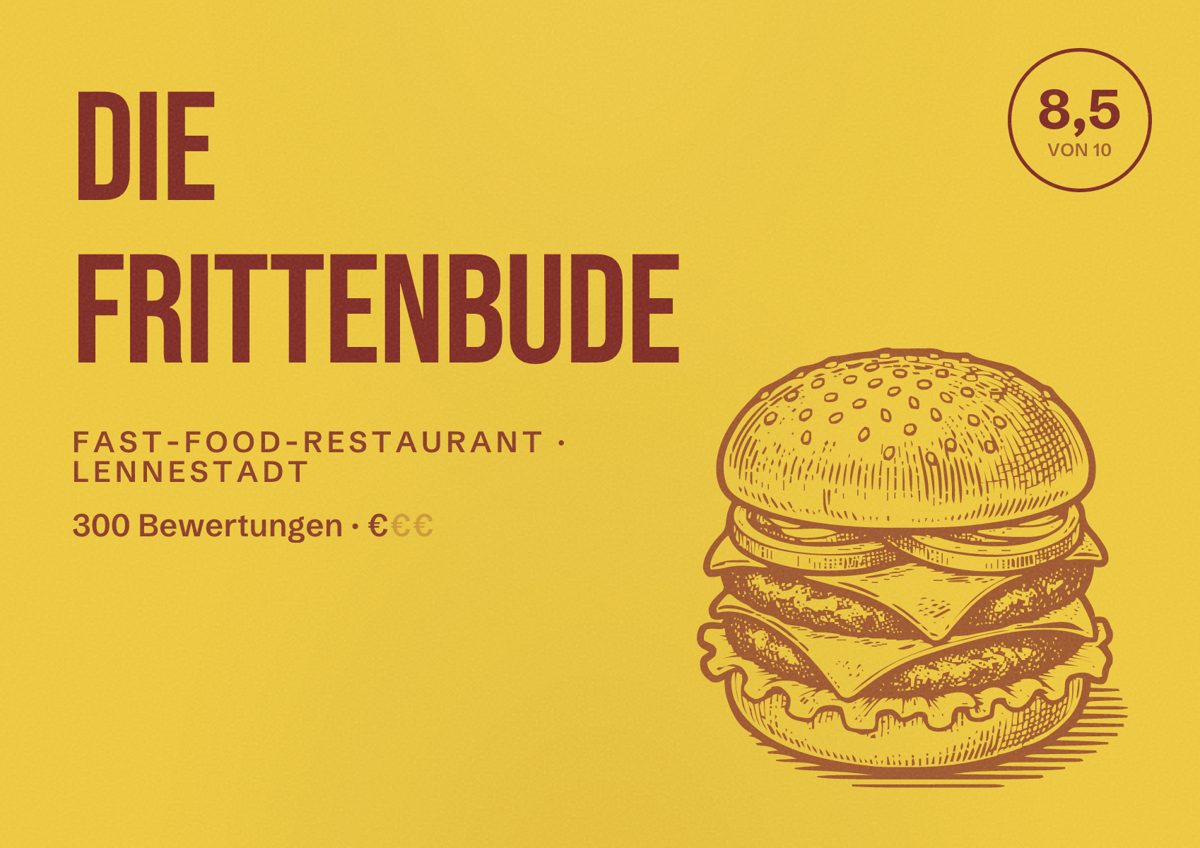 Illustriertes Poster von Die Frittenbude, Fast-Food-Restaurant in Lennestadt: Bewertung 8,5 von 10 aus 300 Bewertungen, Preisniveau €
