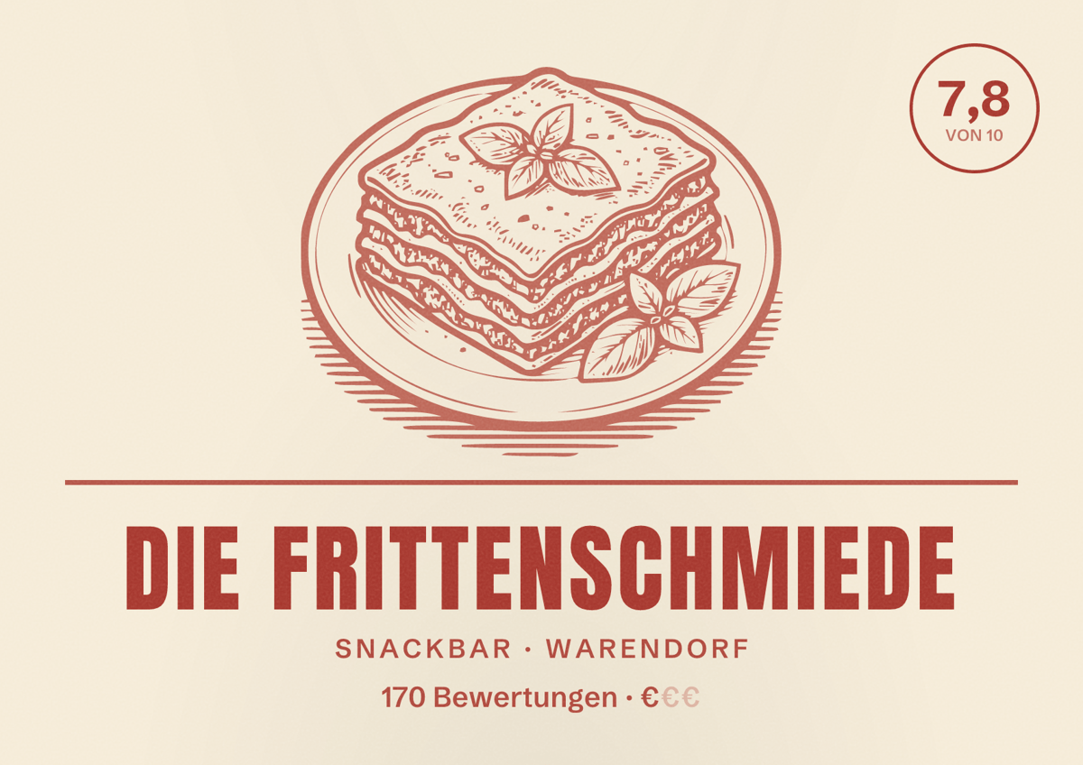 Illustriertes Poster von Die Frittenschmiede, Snackbar in Warendorf: Bewertung 7,8 von 10 aus 170 Bewertungen, Preisniveau €