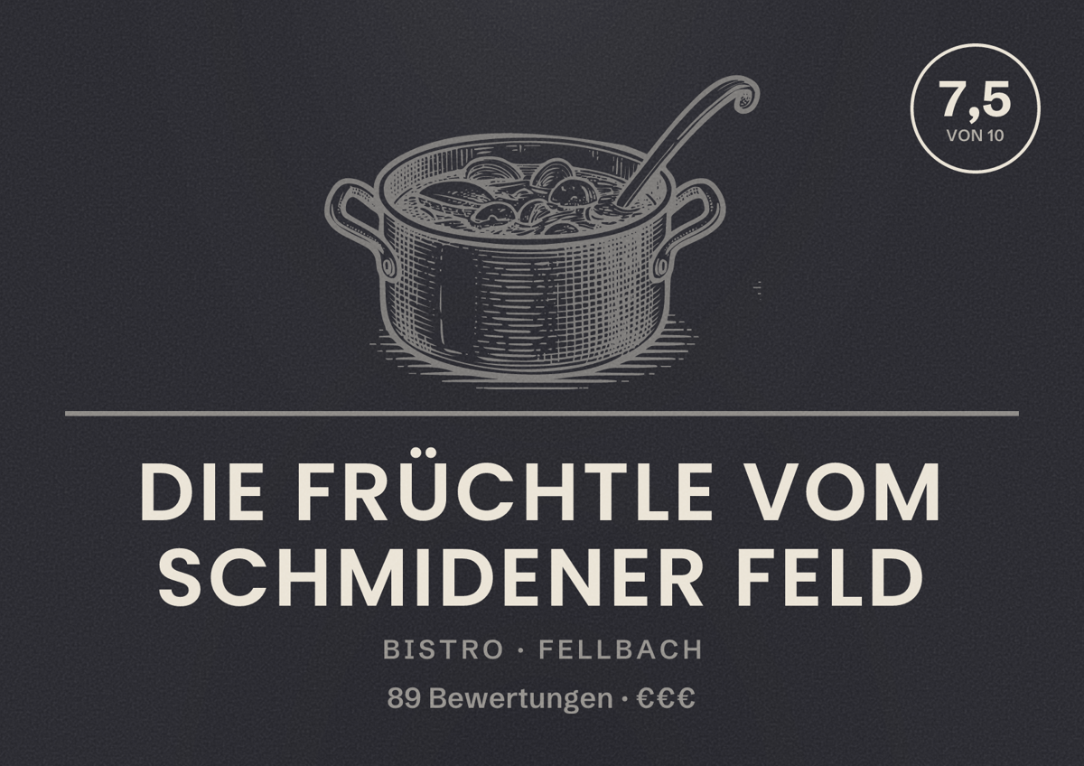 Illustriertes Poster von Die Früchtle vom Schmidener Feld, Bistro in Fellbach: Bewertung 7,5 von 10 aus 89 Bewertungen, Preisniveau €€€