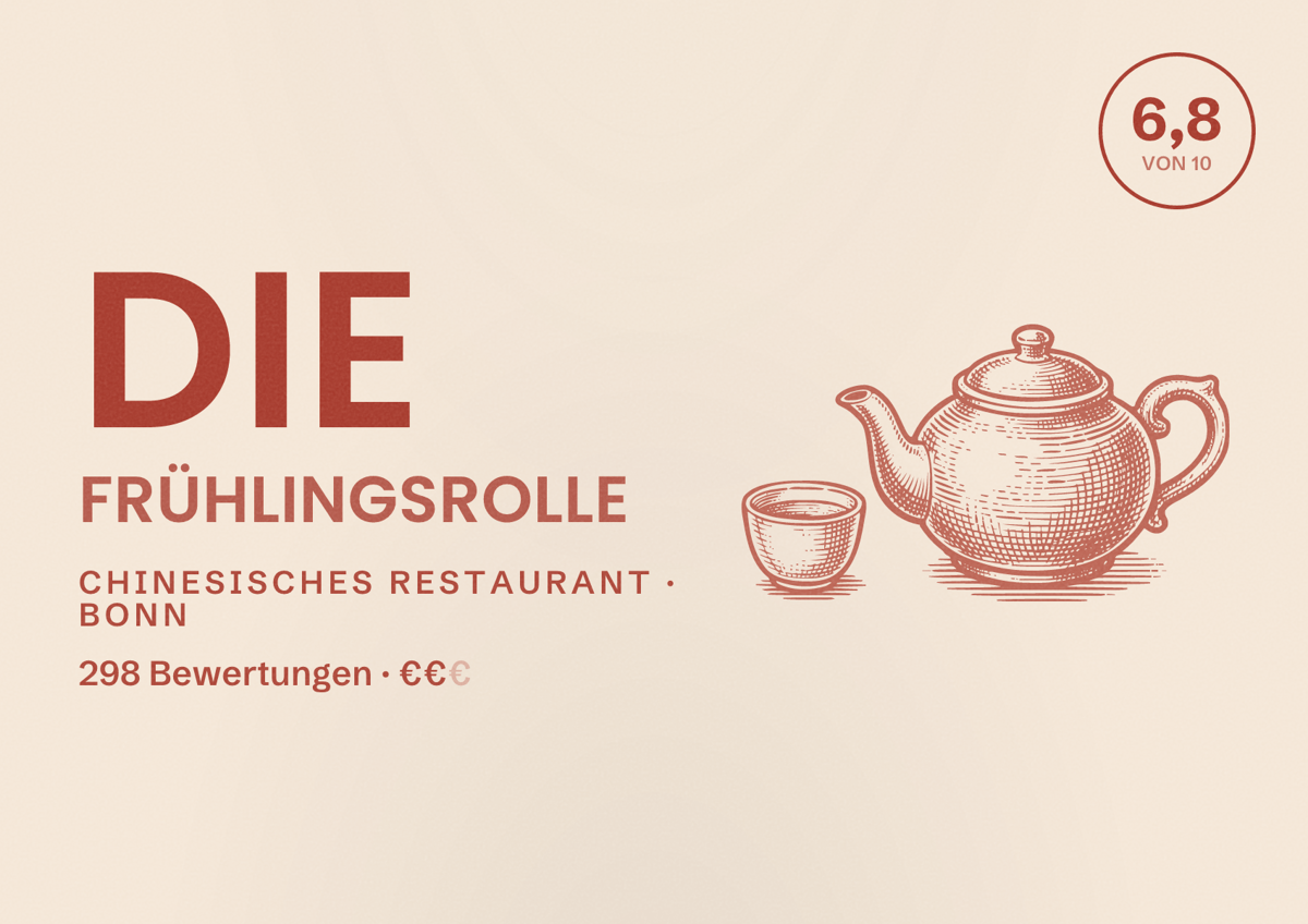 Illustriertes Poster von Die Frühlingsrolle, Chinesisches Restaurant in Bonn: Bewertung 6,8 von 10 aus 298 Bewertungen, Preisniveau €€