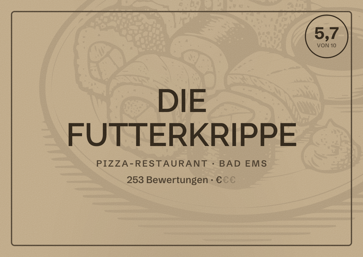Illustriertes Poster von DIE FUTTERKRIPPE, Pizza-Restaurant in Bad Ems: Bewertung 5,7 von 10 aus 253 Bewertungen, Preisniveau €