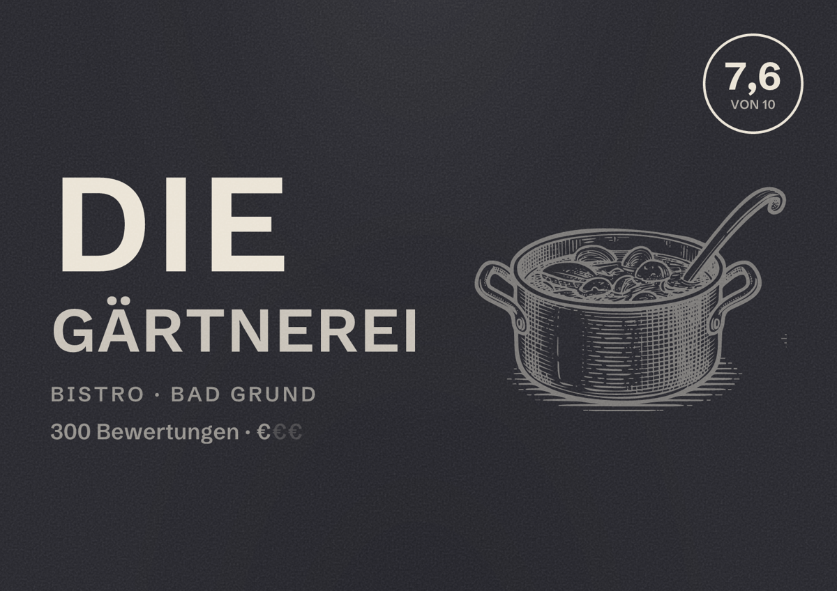 Illustriertes Poster von Die Gärtnerei, Bistro in Bad Grund: Bewertung 7,6 von 10 aus 300 Bewertungen, Preisniveau €