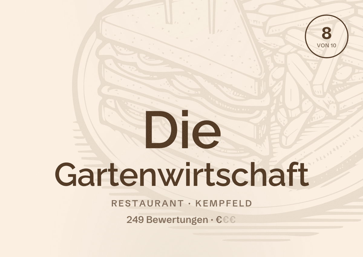 Illustriertes Poster von Die Gartenwirtschaft, Restaurant in Kempfeld: Bewertung 8 von 10 aus 249 Bewertungen, Preisniveau €