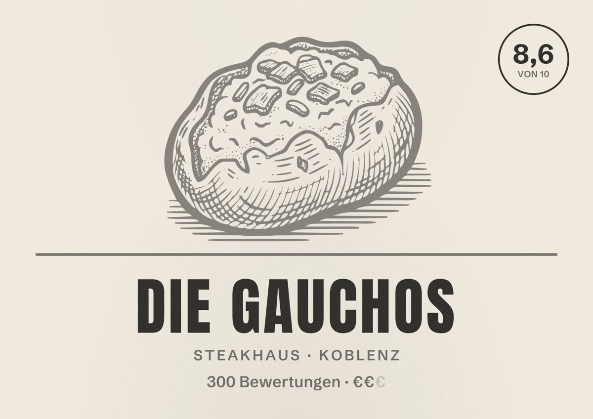 Illustriertes Poster von Die Gauchos, Steakhaus in Koblenz: Bewertung 8,6 von 10 aus 300 Bewertungen, Preisniveau €€