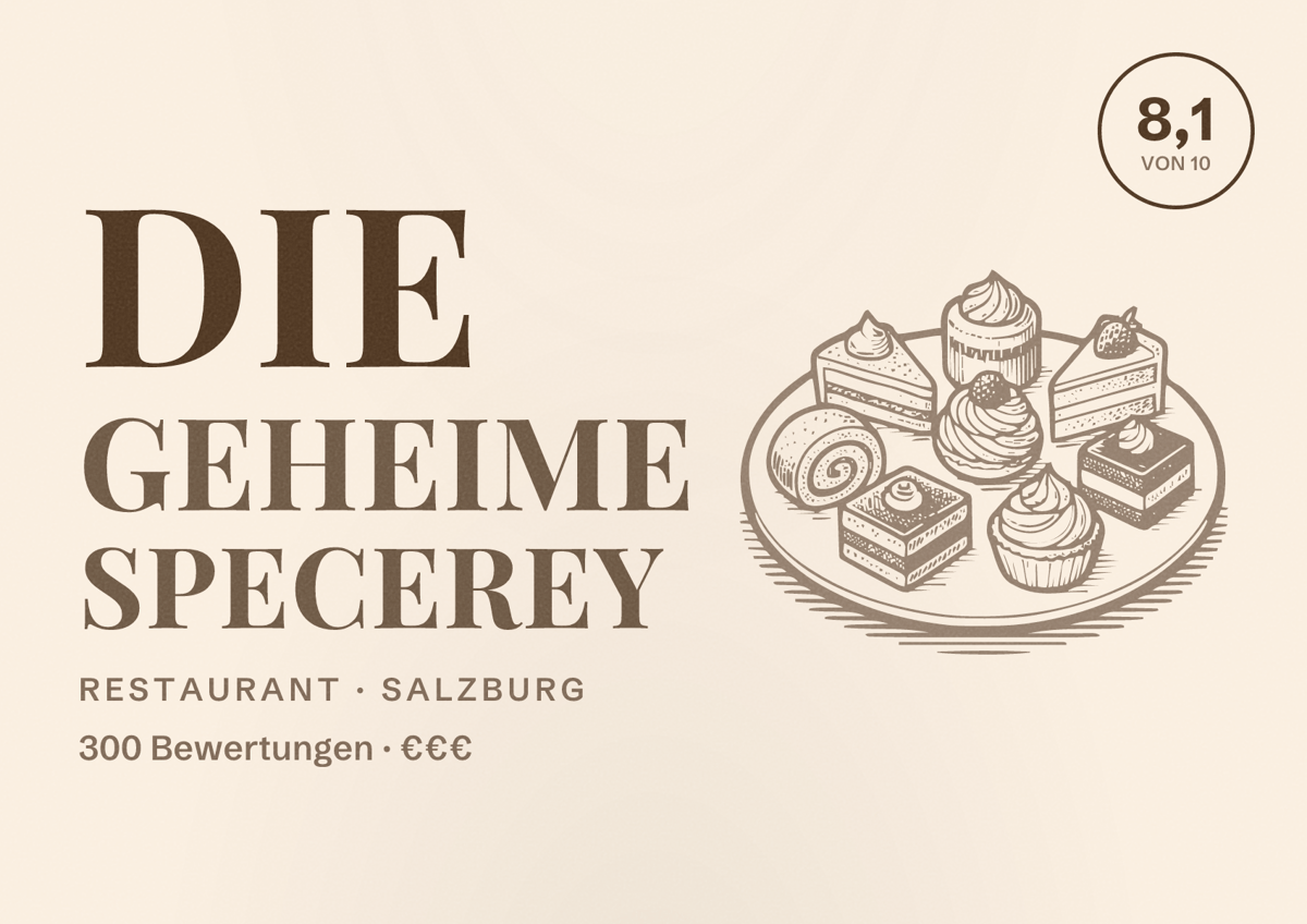 Illustriertes Poster von Die geheime Specerey, Restaurant in Salzburg: Bewertung 8,1 von 10 aus 300 Bewertungen, Preisniveau €€€