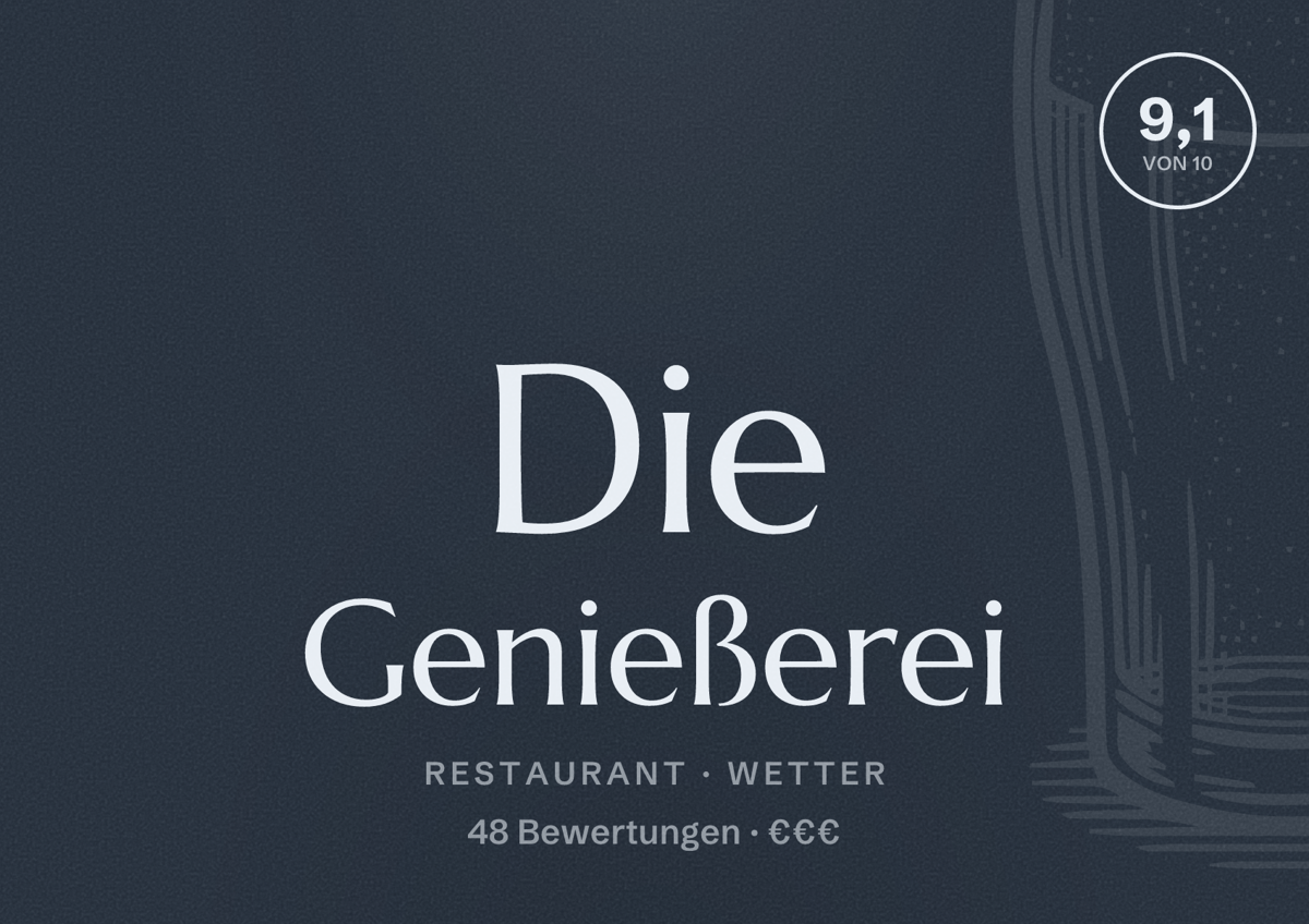 Illustriertes Poster von Die Genießerei, Restaurant in Wetter: Bewertung 9,1 von 10 aus 48 Bewertungen, Preisniveau €€€