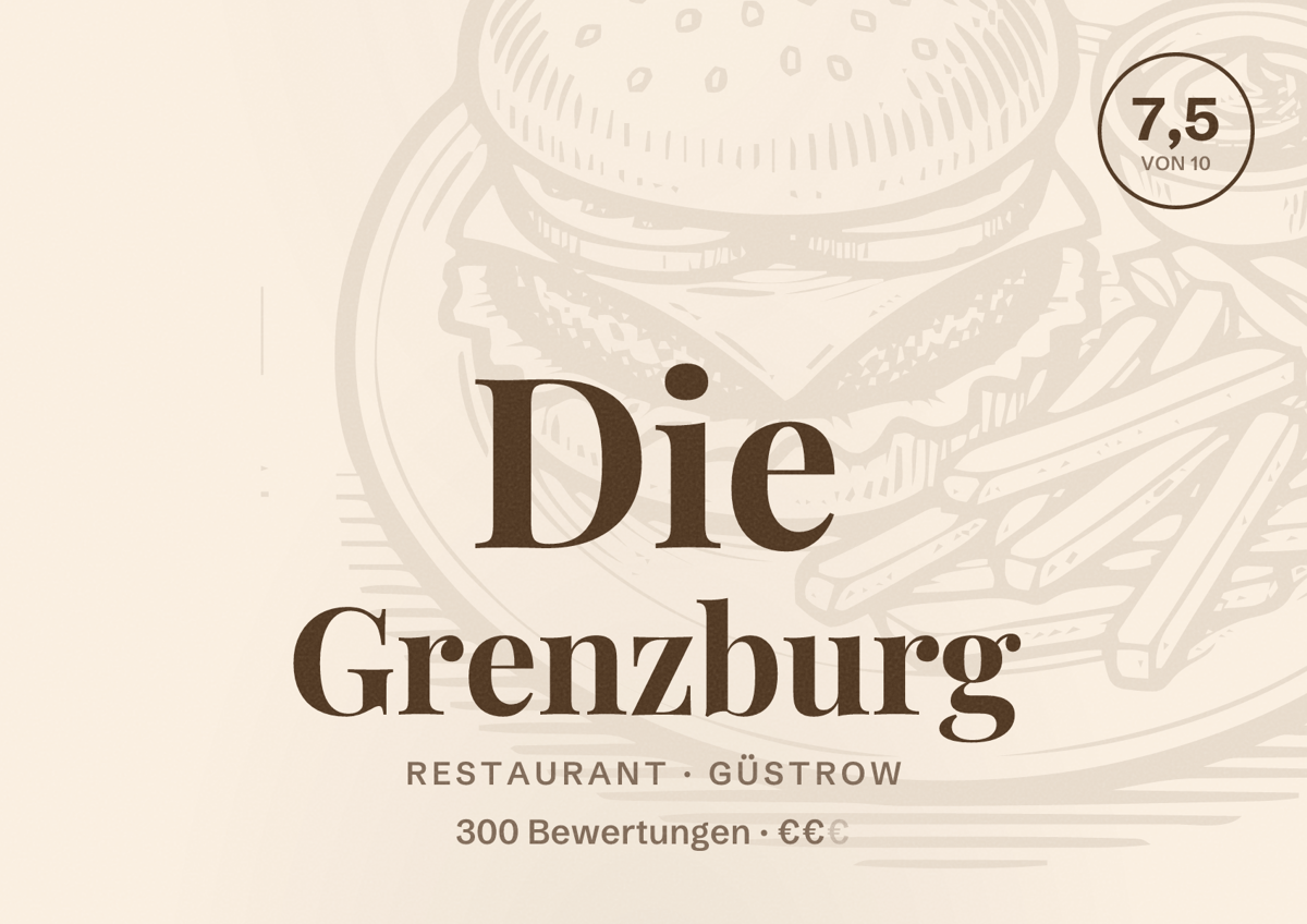 Illustriertes Poster von Die Grenzburg, Restaurant in Güstrow: Bewertung 7,5 von 10 aus 300 Bewertungen, Preisniveau €€