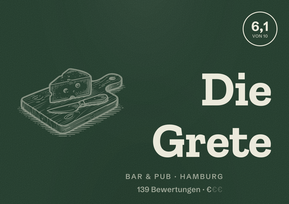 Illustriertes Poster von Die Grete, Bar & Pub in Hamburg: Bewertung 6,1 von 10 aus 139 Bewertungen, Preisniveau €
