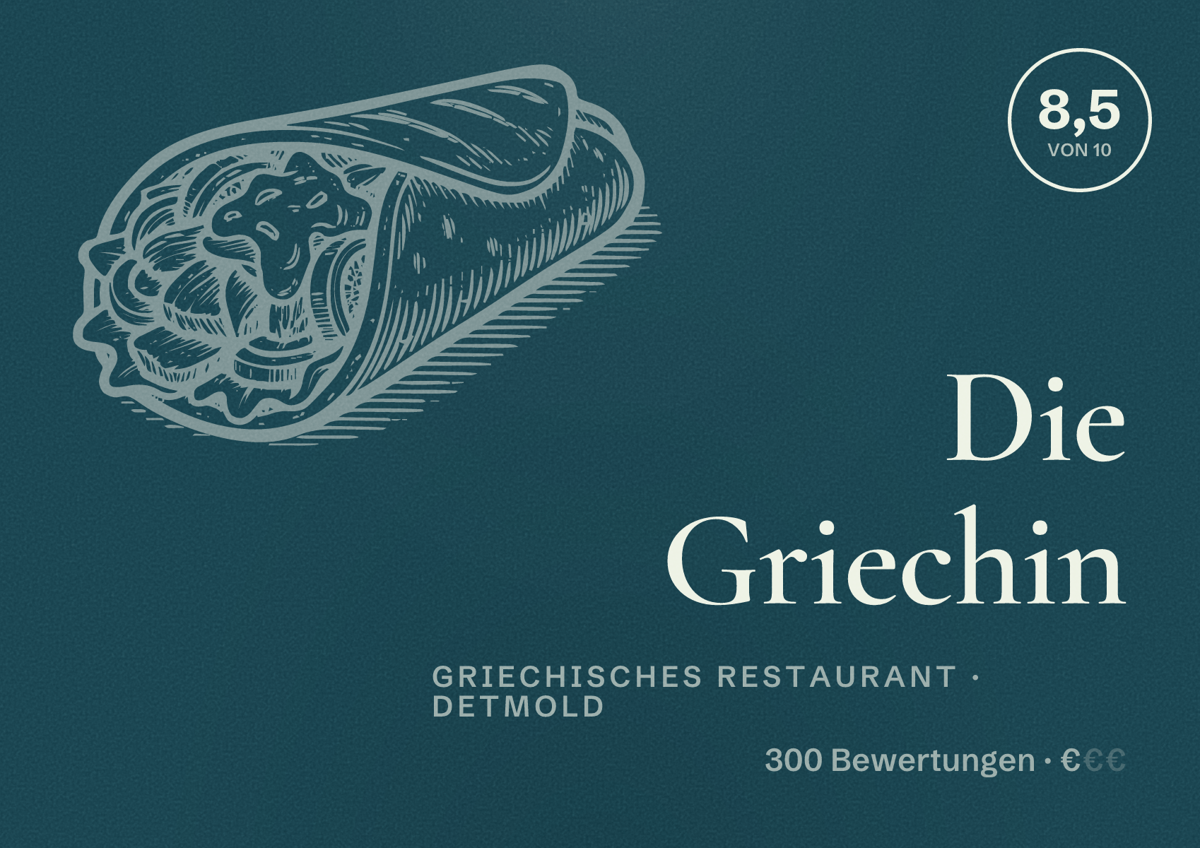 Illustriertes Poster von Die Griechin, Griechisches Restaurant in Detmold: Bewertung 8,5 von 10 aus 300 Bewertungen, Preisniveau €