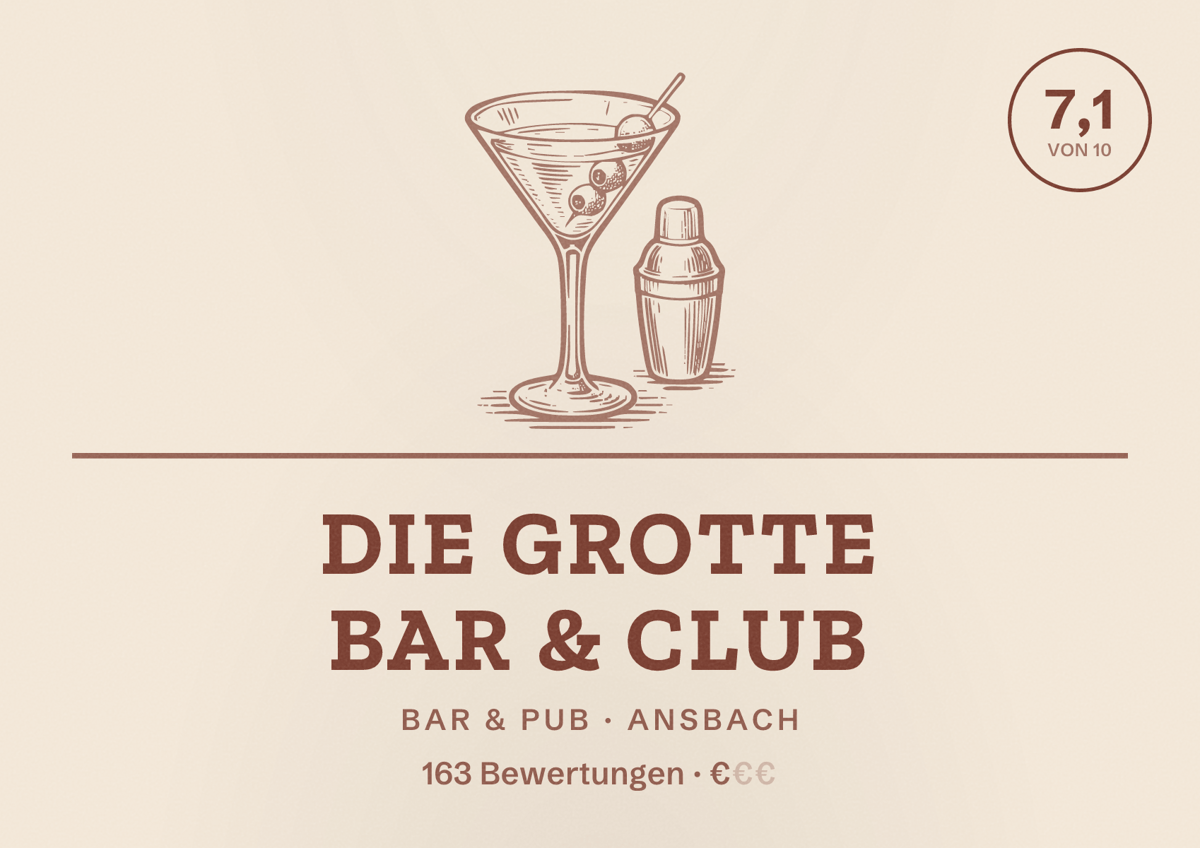 Illustriertes Poster von Die Grotte Bar & Club, Bar & Pub in Ansbach: Bewertung 7,1 von 10 aus 163 Bewertungen, Preisniveau €