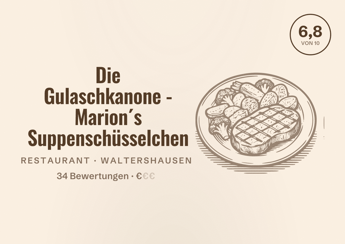 Illustriertes Poster von Die Gulaschkanone - Marion´s Suppenschüsselchen, Restaurant in Waltershausen: Bewertung 6,8 von 10 aus 34 Bewertungen, Preisniveau €