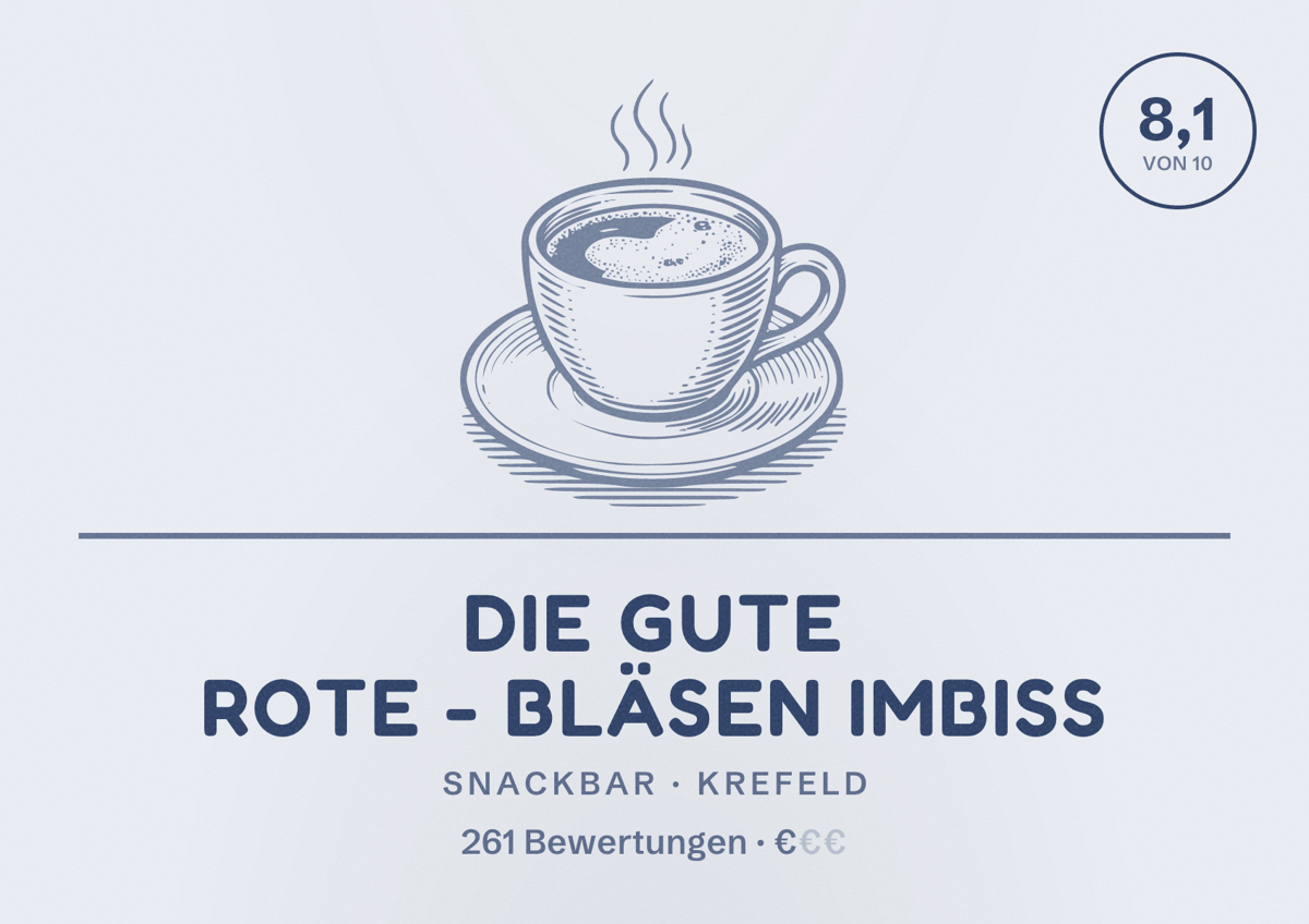 Illustriertes Poster von Die gute Rote - Bläsen Imbiss, Snackbar in Krefeld: Bewertung 8,1 von 10 aus 261 Bewertungen, Preisniveau €