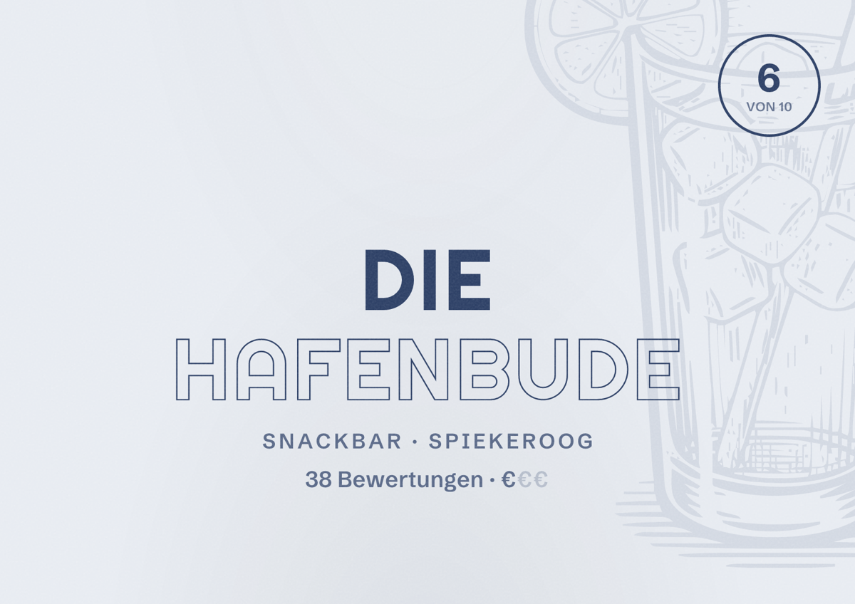 Illustriertes Poster von Die Hafenbude, Snackbar in Spiekeroog: Bewertung 6 von 10 aus 38 Bewertungen, Preisniveau €