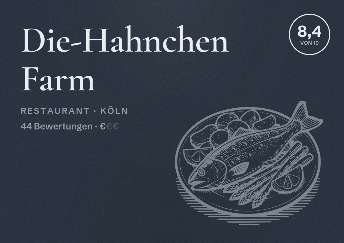 Illustriertes Poster von Die-Hahnchen Farm, Restaurant in Köln: Bewertung 8,4 von 10 aus 44 Bewertungen, Preisniveau €