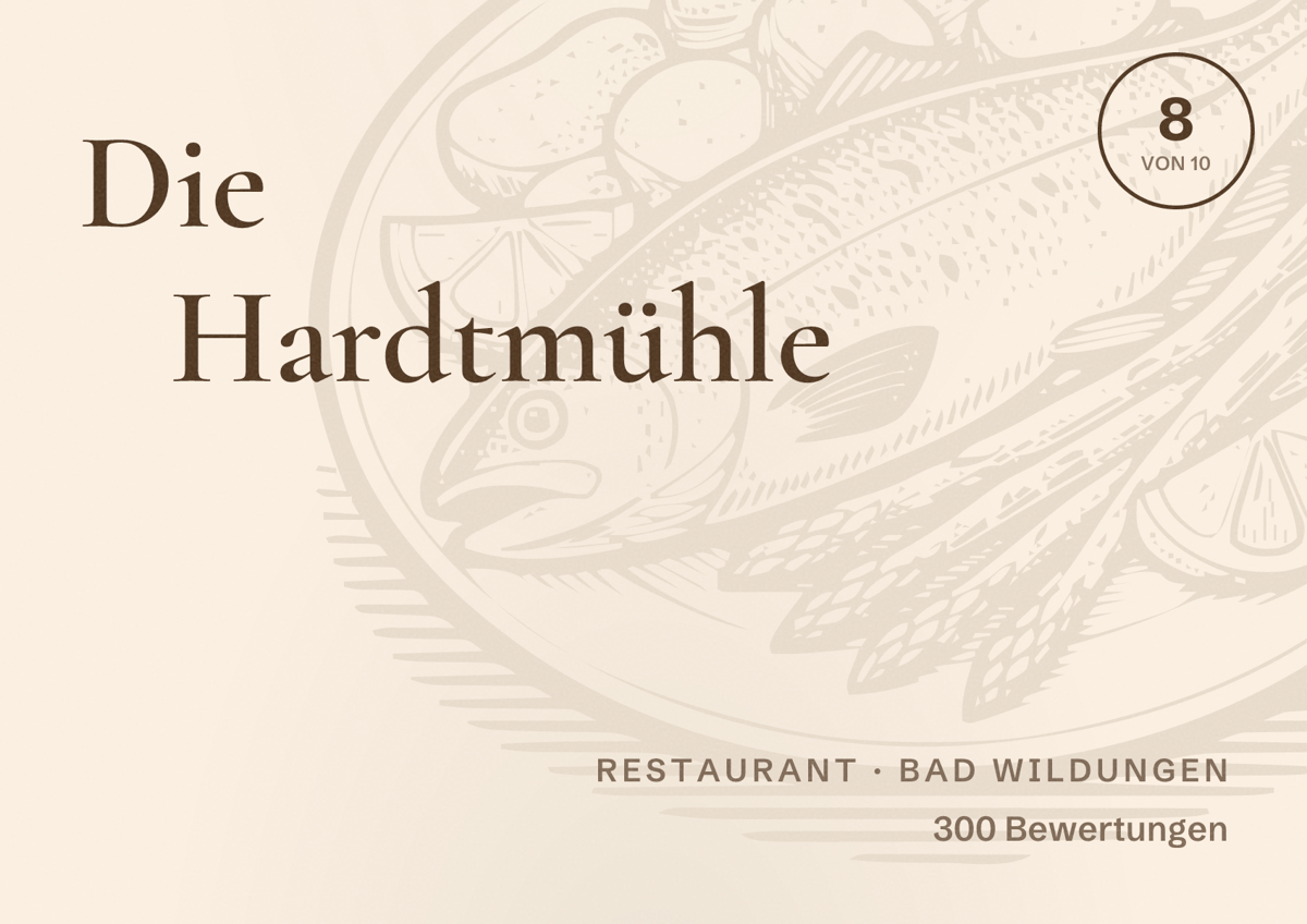 Illustriertes Poster von Die Hardtmühle, Restaurant in Bad Wildungen: Bewertung 8 von 10 aus 300 Bewertungen