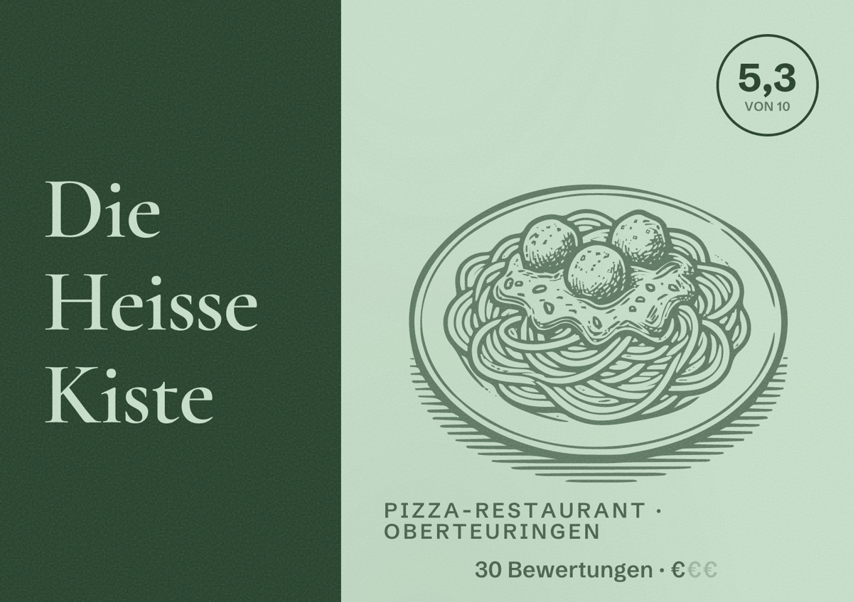 Illustriertes Poster von Die Heisse Kiste, Pizza-Restaurant in Oberteuringen: Bewertung 5,3 von 10 aus 30 Bewertungen, Preisniveau €
