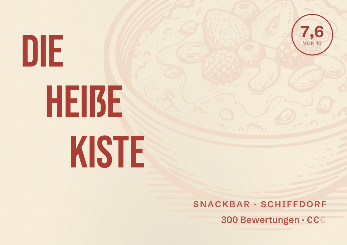 Illustriertes Poster von Die Heiße Kiste, Snackbar in Schiffdorf: Bewertung 7,6 von 10 aus 300 Bewertungen, Preisniveau €€