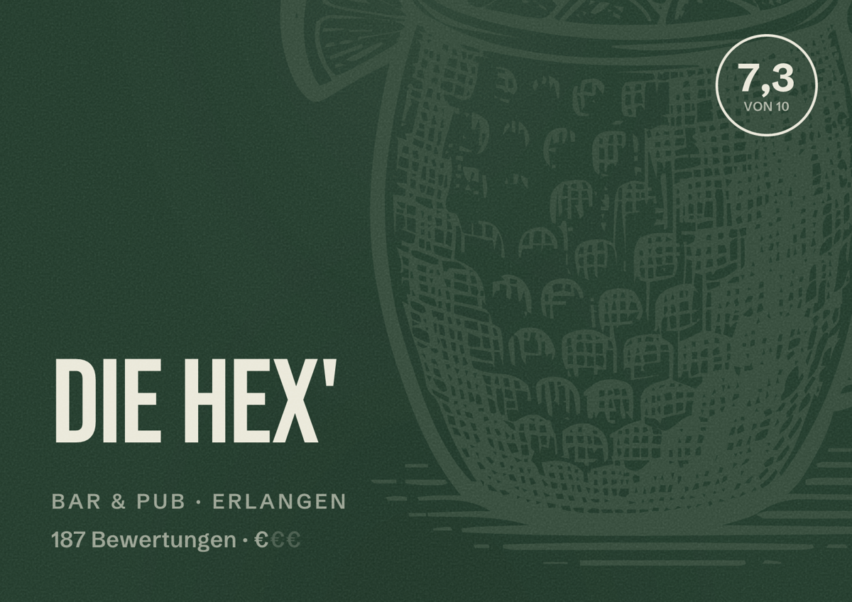 Illustriertes Poster von die Hex', Bar & Pub in Erlangen: Bewertung 7,3 von 10 aus 187 Bewertungen, Preisniveau €
