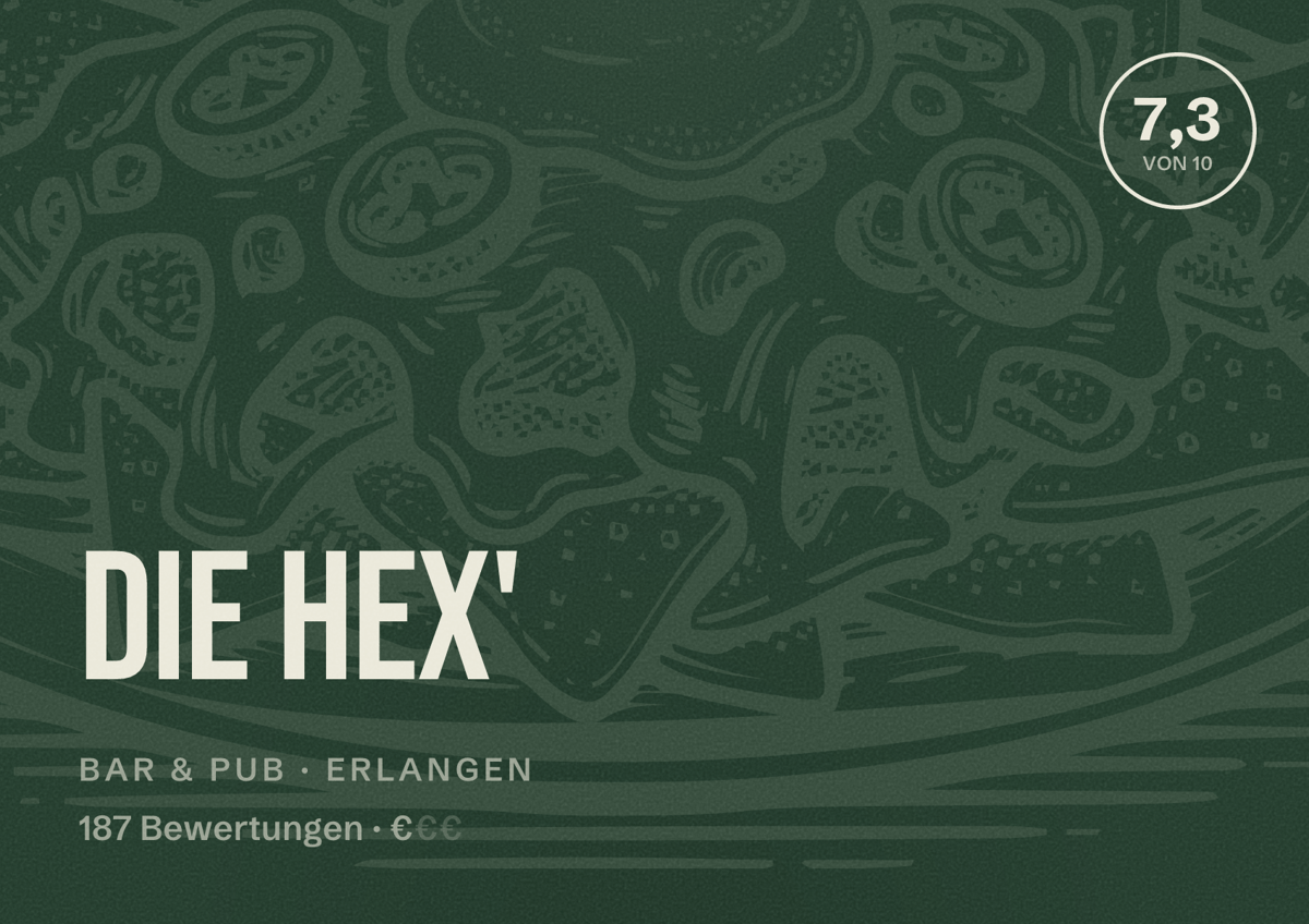 Illustriertes Poster von die Hex', Bar & Pub in Erlangen: Bewertung 7,3 von 10 aus 187 Bewertungen, Preisniveau €