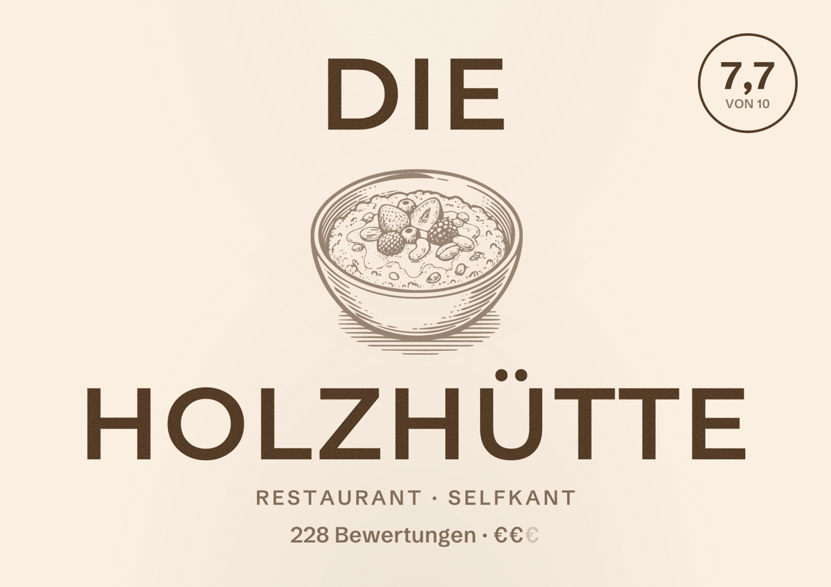 Illustriertes Poster von Die Holzhütte, Restaurant in Selfkant: Bewertung 7,7 von 10 aus 228 Bewertungen, Preisniveau €€