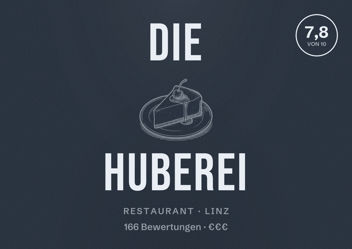 Illustriertes Poster von Die Huberei, Restaurant in Linz: Bewertung 7,8 von 10 aus 166 Bewertungen, Preisniveau €€€