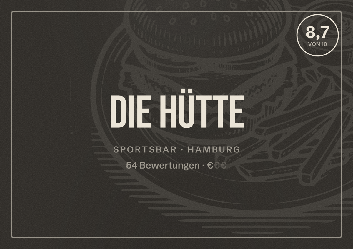 Illustriertes Poster von Die Hütte, Sportsbar in Hamburg: Bewertung 8,7 von 10 aus 54 Bewertungen, Preisniveau €