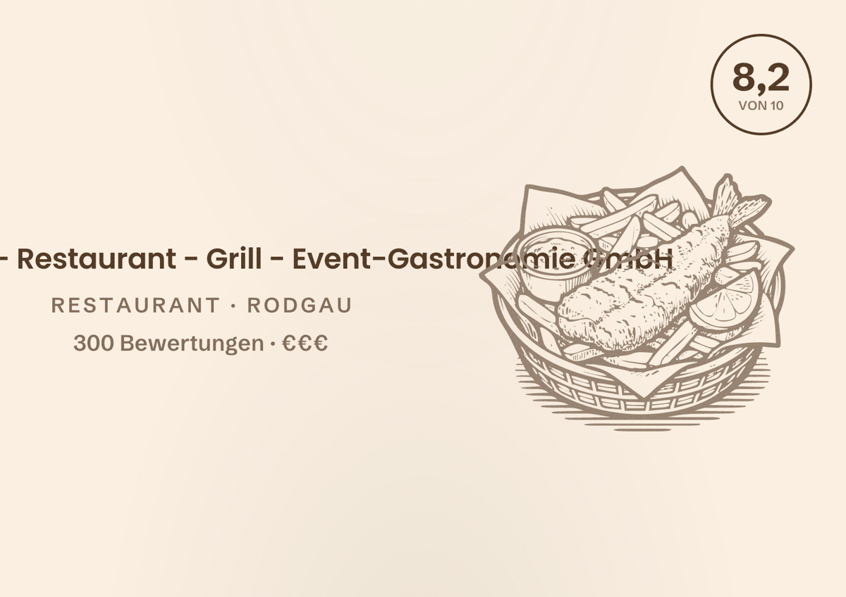 Illustriertes Poster von Die Hütte - Restaurant - Grill - Event-Gastronomie GmbH, Restaurant in Rodgau: Bewertung 8,2 von 10 aus 300 Bewertungen, Preisniveau €€€